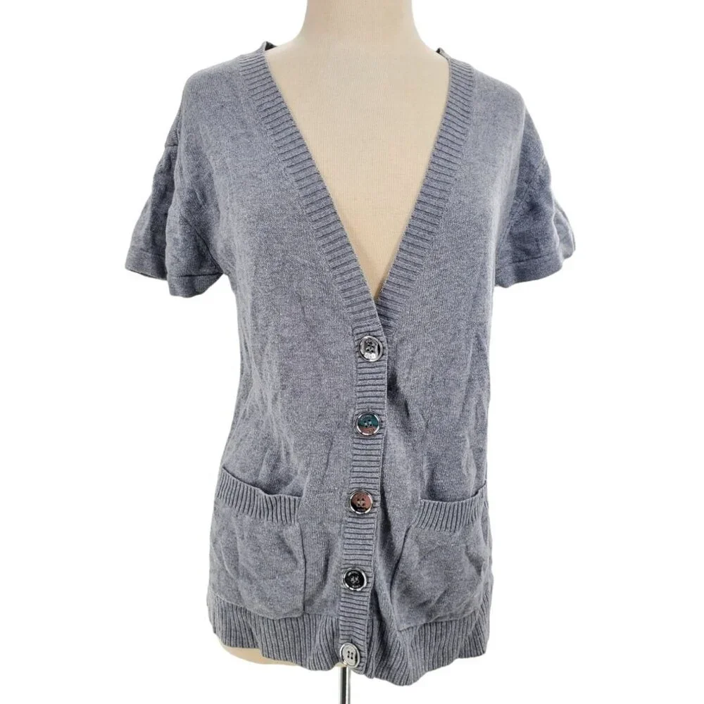Michael Kors Med Cardigan Button Sweater Oversized Patch Pocket Lambswool Cotton